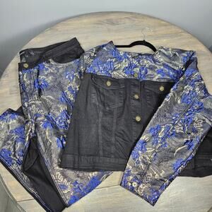 Ashley Stewart Vintage Y2K Brocade Denim Jacket Jeans Set Black Blue Gold Plus